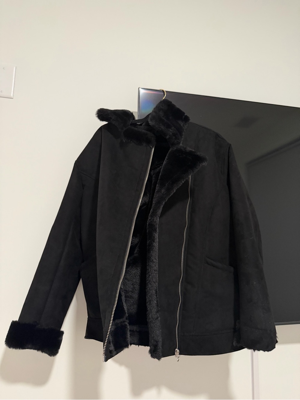 H&M Black Faux-Suede Bomber Jacket with Faux-Fur Trim